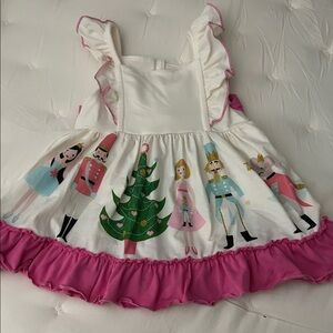 Girls' White and Pink Ruffle Dress with Nutcracker Print